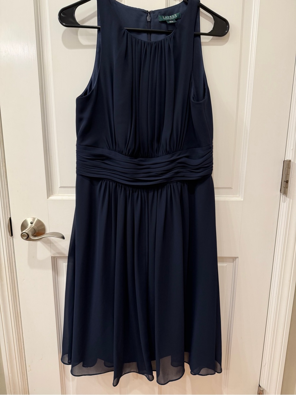 Ralph Lauren Navy Chiffon Pleated Waist A-Line Dress